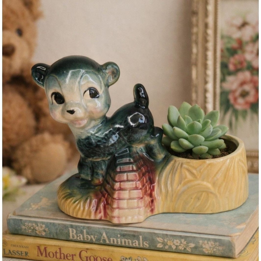 Vintage Baby Lamb Planter Green Drip Glaze Nursery Pottery Vase Mid Century USA